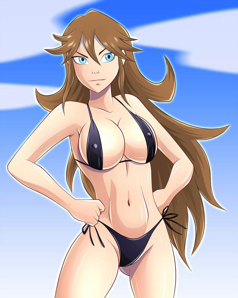 belly bikini blue_eyes breasts brown_hair cleavage covered_breasts covered_nipples erect_nipples female female_only jinja_(monsuno) large_breasts legs long_hair monsuno navel nipples solo swimsuit thighs zfive