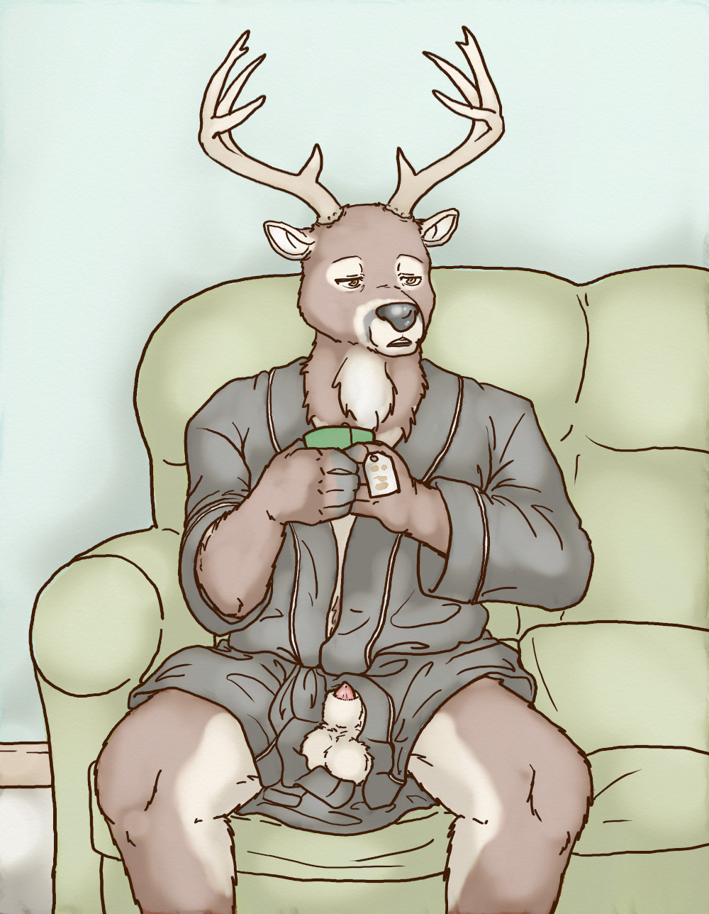 1boy animal_genitalia animal_penis anthro antlers balls bathrobe beverage black_nose cervine clothed clothing deer horn inside lavilovi male male_only mammal penis robe sheath sitting sleepy sofa solo tea