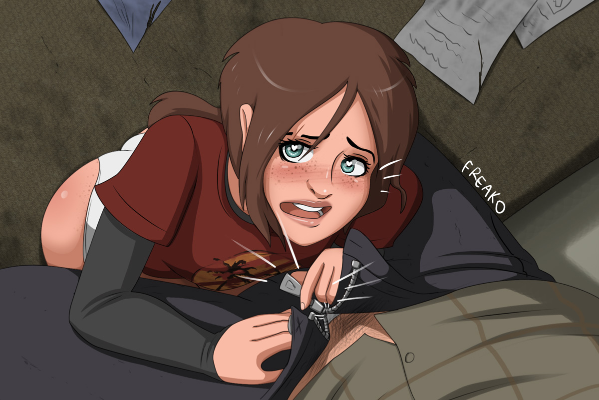 1boy, 1girls, age difference, blue eyes, blush, brown hair, ellie (the last of us), ellie williams, female, freako, freckles, heart-shaped pupils, joel miller, kneeling, looking up, male, male pov, naughty dog, no pants, older male, older male and younger female, open mouth, panties, pants, pov, scar, scared, straight, teenage female, teenager, the last of us, underwear, unzipping, younger female, zipper