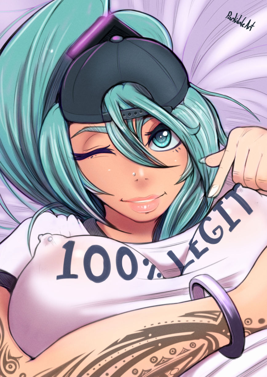 1girl, aqua eyes, aqua hair, bangle, blue eyes, bracelet, breasts, clothes writing, covered nipples, english, female, goggles, goggles on head, happy female, hatsune miku, horny female, jewelry, large breasts, lips, long hair, looking at viewer, nipple piercing, nipples, nose, nose piercing, one eye closed, parkdale, piercing, see-through, shirt, smile, solo, solo female, t-shirt, tagme, tattoo, text, thin female, vocaloid