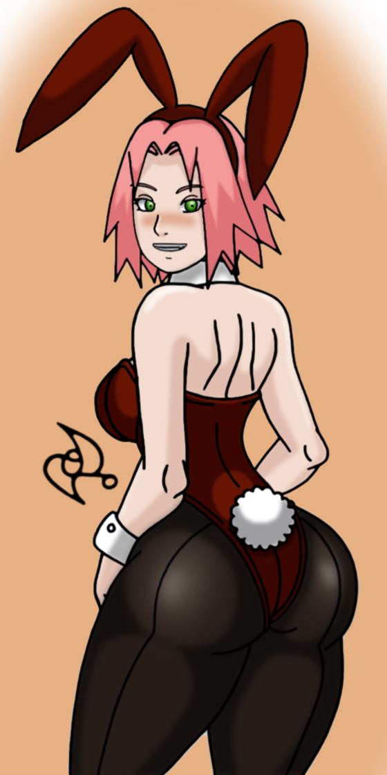1girls, 2012, animal ears, ass, bare shoulders, big ass, big butt, blush, breasts, bunny ears, bunny girl, bunnysuit, clenched teeth, eyebrows, eyelashes, female, female only, green eyes, large breasts, looking at viewer, looking back, naruto, naruto (series), naruto shippuden, nose, omarsin, orange background, pantyhose, pink hair, sakura haruno, shiny, shiny skin, short hair, smiling, solo, standing, teeth, thick thighs