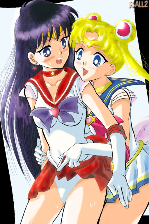 1990s 1999 20th_century 2girls :3 bishoujo_senshi_sailor_moon black_hair blonde_hair blue_eyes blush choker clothes clothing color dark_hair double_bun earrings elbow_gloves female female_only front_view gloves human jewelry kou_(rall2) long_hair magical_girl multiple_girls panties rei_hino sailor_mars sailor_moon school_uniform seifuku serafuku skirt skirt_lift small_breasts smooth_skin super_sailor_moon sweat tiara tied_hair twintails underwear usagi_tsukino white_panties yuri