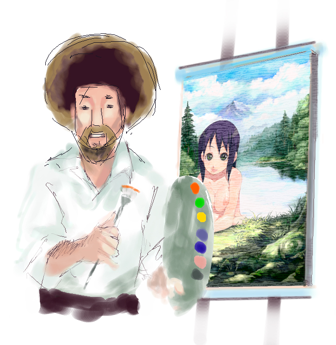 afro art_brush beard bob_ross chinchickrin comedy facial_hair funny male paintbrush painting parody topless