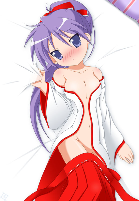 female female_only hakama human japanese_clothes kagami_hiiragi lucky_star miko no_panties purple_hair rodori_gesu solo undressing