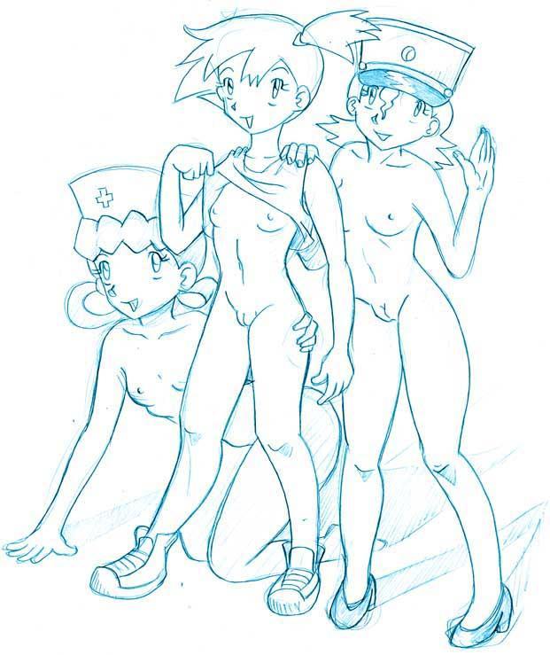 3girls female female_only henry human human_only kasumi_(pokemon) monochrome multiple_females multiple_girls nintendo nurse_joy officer_jenny_(pokemon) pokemon sketch