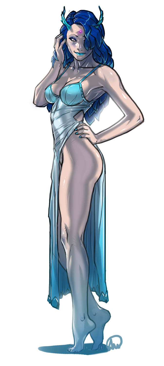 anivia, ass, barefoot, blue hair, blue nails, breasts, cleavage, dress, eyeshadow, female, forehead jewel, ganassa, hair over one eye, high slit dress, horns, humanized, ice, league of legends, lipstick, long hair, looking at viewer, makeup, nail polish, no bra, no panties, no panties under dress, personification, pink eyes, side slit, simple background, single slit dress, slit dress, smile, solo, standing, tiptoes, white background