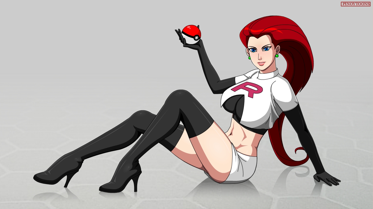 1girls, 2016, ass, bare shoulders, big ass, black gloves, black legwear, blush, boots, breasts, clothed, clothes, dakzky, earrings, elbow gloves, eyebrows, eyelashes, eyes, female, female only, fingers, fuck me boots, full body, gloves, grey background, hands, heels, high heel boots, high heels, hips, holding, human, jessie (pokemon), large breasts, legs, legwear, lipstick, long hair, looking at viewer, midriff, miniskirt, navel, nose, pink lipstick, pinoytoons, poke ball, pokemon, pose, red hair, shadow, shiny, shiny skin, sitting, smile, solo, stomach, text, thigh boots, very long hair