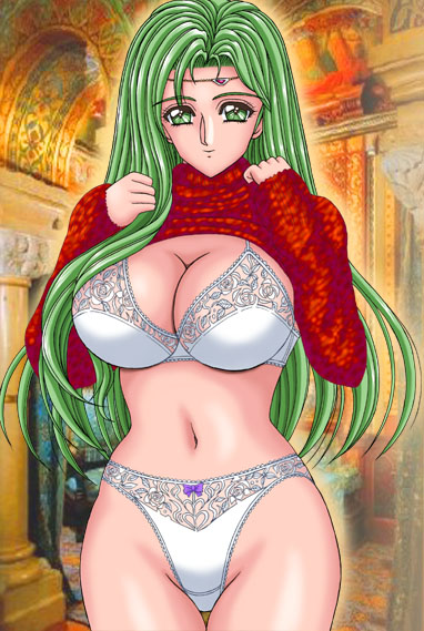 annand_(fire_emblem) bra circlet cleavage female fire_emblem fire_emblem:_genealogy_of_the_holy_war green_eyes green_hair jumper koutenki-en no_shirt panties silegy smile