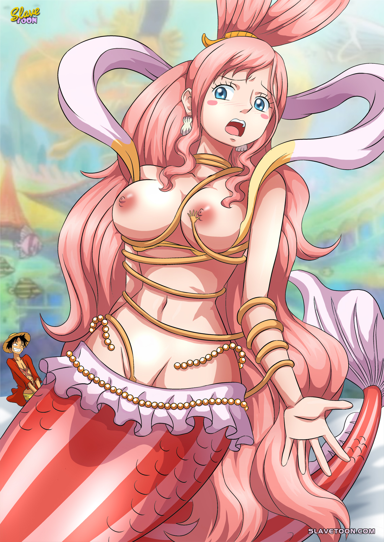1boy, 1girls, akuma no mi, bare shoulders, black hair, blue eyes, blush, breasts, clenched teeth, earrings, elastic, erect nipples, eyebrows, eyelashes, eyes, female, fingers, fish tail, gomu gomu no mi, hand on breast, hands, hat, hips, large breasts, long hair, looking at viewer, looking up, male, masturbation, merfolk, mermaid, monkey d luffy, nipples, noose, nude, one piece, open clothes, open mouth, palcomix, palcomixvip.com, pink hair, princess, shiny, shiny skin, shirahoshi, short hair, size difference, slavetoon, stomach, straw hat, surprised, tail, teeth, tongue, very long hair, wink, wrapped around another