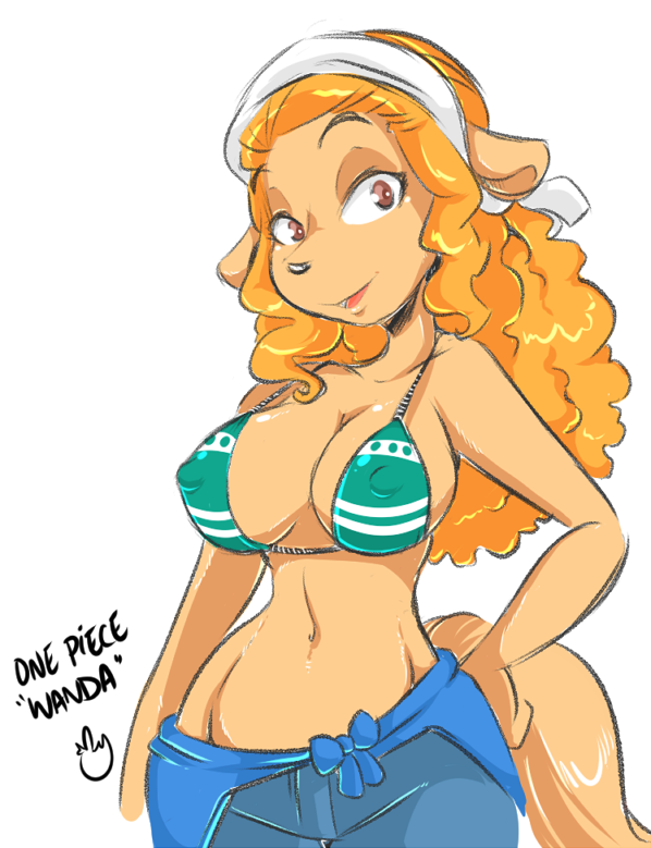 1girls 2016 bare_shoulders breasts brown_eyes canid canine canis character_name clothed clothing duckdraw erect_nipples eyebrows eyelashes female female_only fur furry furry_only hair hands_on_hips happy hi_res large_breasts long_hair looking_at_viewer mammal midriff mink_tribe nami_(one_piece)_(cosplay) navel nipple_bulge nose one_piece open_mouth orange_hair simple_background solo stomach sweater swimsuit tail tan_fur text tongue underwear wanda_(one_piece) white_background