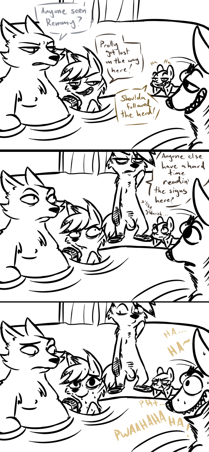 aardwolf al_(weaver) anneke_(weaver) anthro black_and_white canine comic dialogue disney english_text ermine fan_character hi_res hyena inkyfrog laugh male mammal marty_(weaver) mustelid ozzy_(weaver) pack_street penis sibling striped_hyena sweat text twins water wolf wolter_(weaver) zootopia