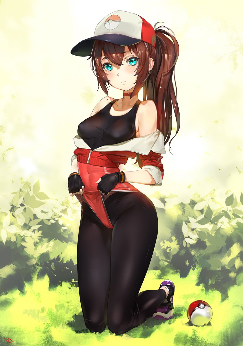 1girls aqua_eyes bare_shoulders baseball_cap black_gloves blush bodysuit breasts brown_hair choker clothed collarbone covered_nipples erect_nipples eyebrows_visible_through_hair eyelashes feet female female_only female_protagonist_(pokemon_go) fingerless_gloves full_body gloves grass hair_between_eyes hat highres human humanoid kneeling leggings long_hair looking_at_viewer mammal off_shoulder outdoors poke_ball pokemon pokemon_go ponytail pulling shoes skin_tight small_breasts smile solo solo_focus tank_top text tied_hair undressing yang-do
