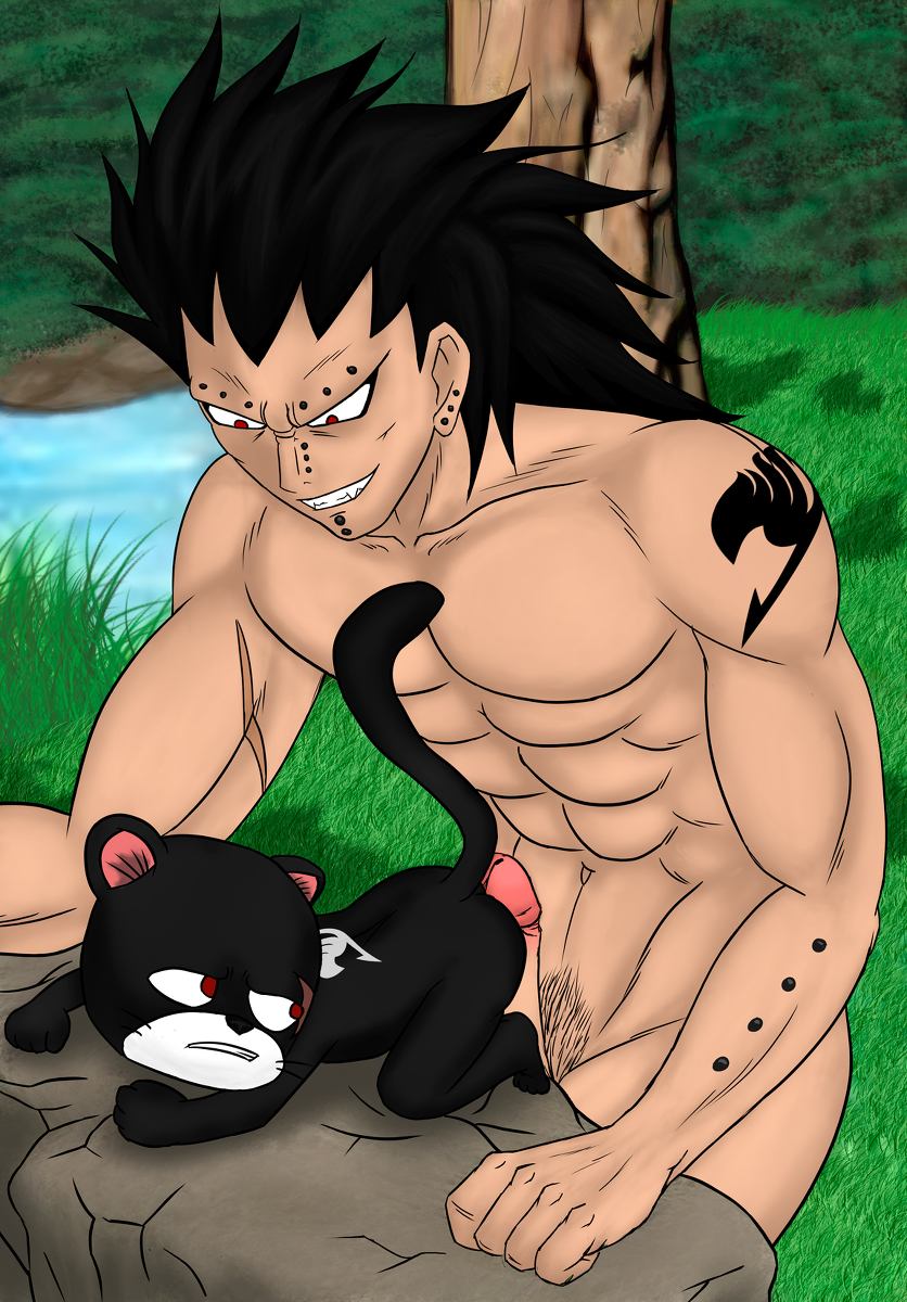 2boys erection fairy_tail gajeel_redfox kraimond male_only muscle outercourse outside panther_lily penis sex smile