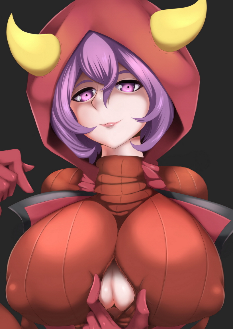 1girls breasts cleavage courtney_(pokemon) covered_nipples cutout erect_nipples fake_horns female gloves grey_background half-closed_eyes hood horned_headwear horns human human_only large_breasts lipstick looking_at_viewer maerd nintendo nipple_bulge pokemon pokemon_oras pokemon_rse purple_eyes purple_hair ribbed_sweater smile solo sweater team_magma torn_clothes