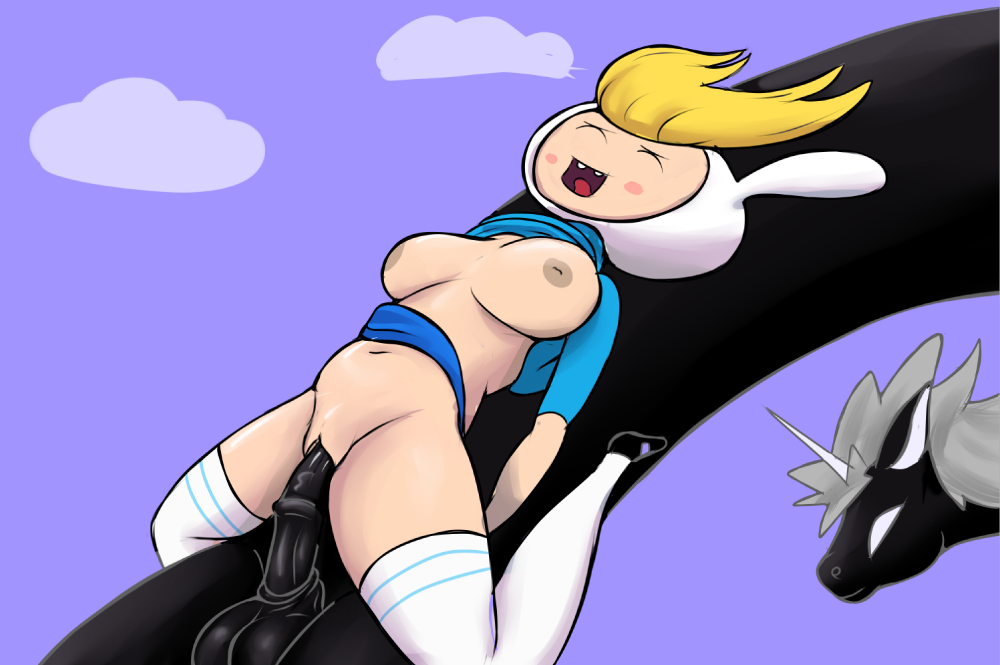 adventure_time blonde_hair breasts cartoon_network closed_eyes clothing cloud equine fionna_the_human_girl footwear hair horn human legwear lord_monochromicorn mammal nipples outside penetration shoes sky stockings te unicorn vaginal_penetration zoophilia