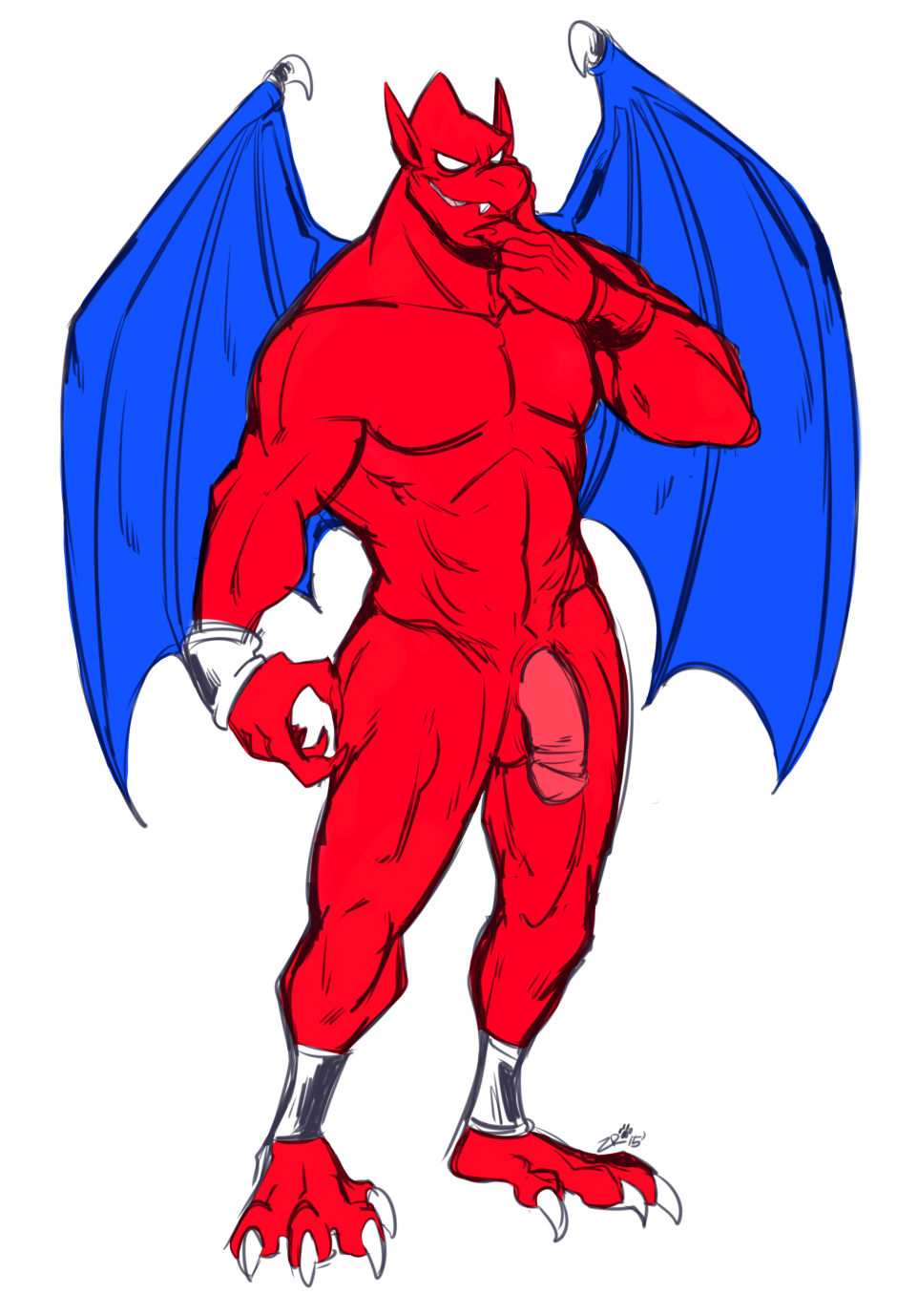 1boy anthro balls demon demon's_crest fangs firebrand flaccid gargoyle humanoid humanoid_penis male male_only mammal nude pecs penis red_arremer red_balls red_skin simple_background smile solo teeth tongue video_games wings z0mbieraptor