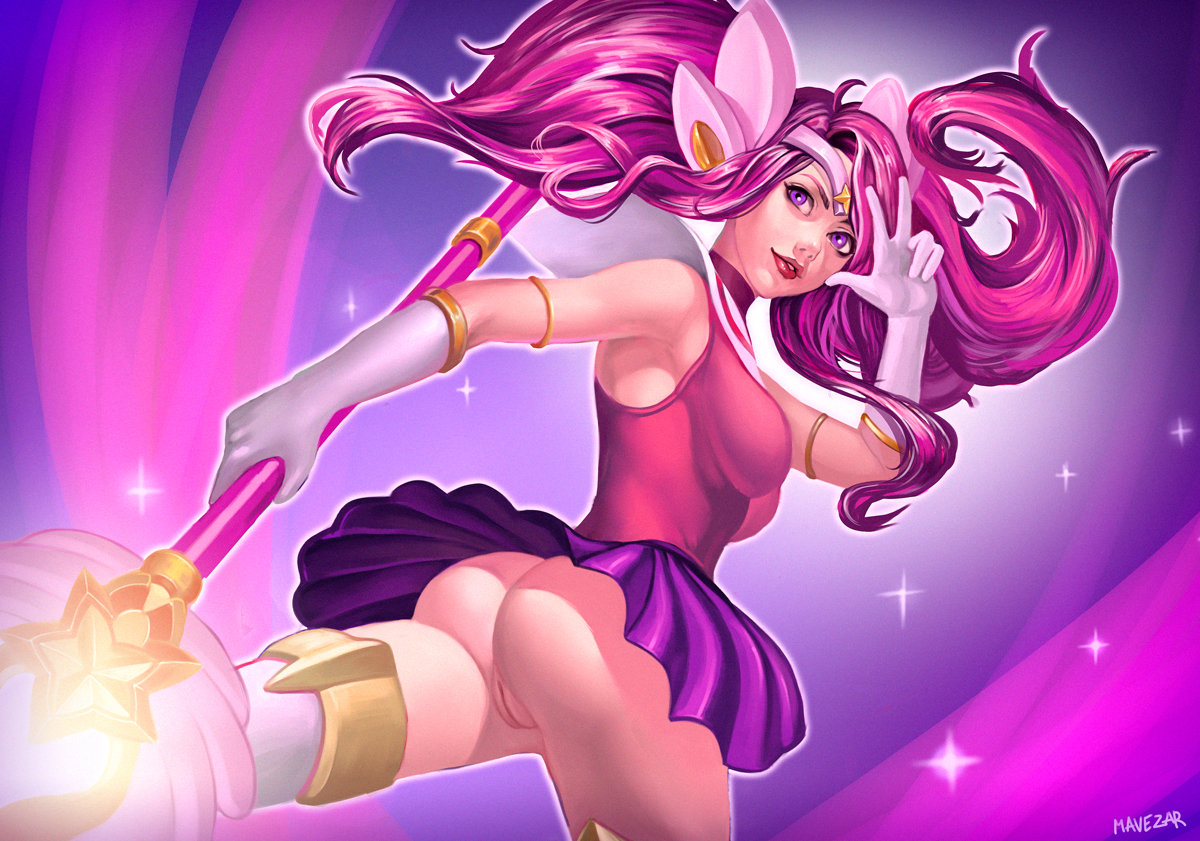 1girls, ass, bottomless skirt, breasts, cleavage, female, female only, large ass, large breasts, league of legends, luxanna crownguard, magical girl, mavezar, pink hair, pussy, skirt, solo, star guardian lux, star guardian series, upskirt, wand