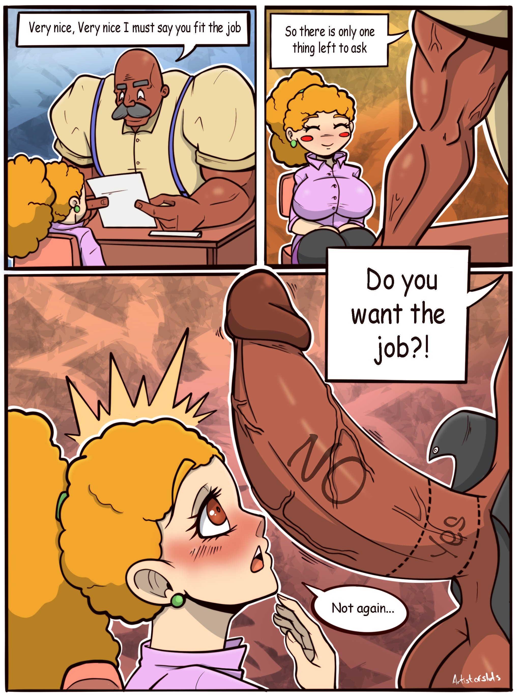 1boy, 1girls, artistofsluts, big penis, breasts, dark skin, dark-skinned male, english text, female, huge penis, interracial, large breasts, male, penis, penis awe, text, writing on penis