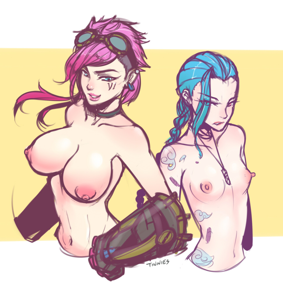 2girls, areolae, big breasts, blue hair, breast size difference, breasts, female, female only, hair over one eye, jinx (league of legends), large breasts, league of legends, long hair, nipples, pink hair, small breasts, tattoo, tinnies, vi