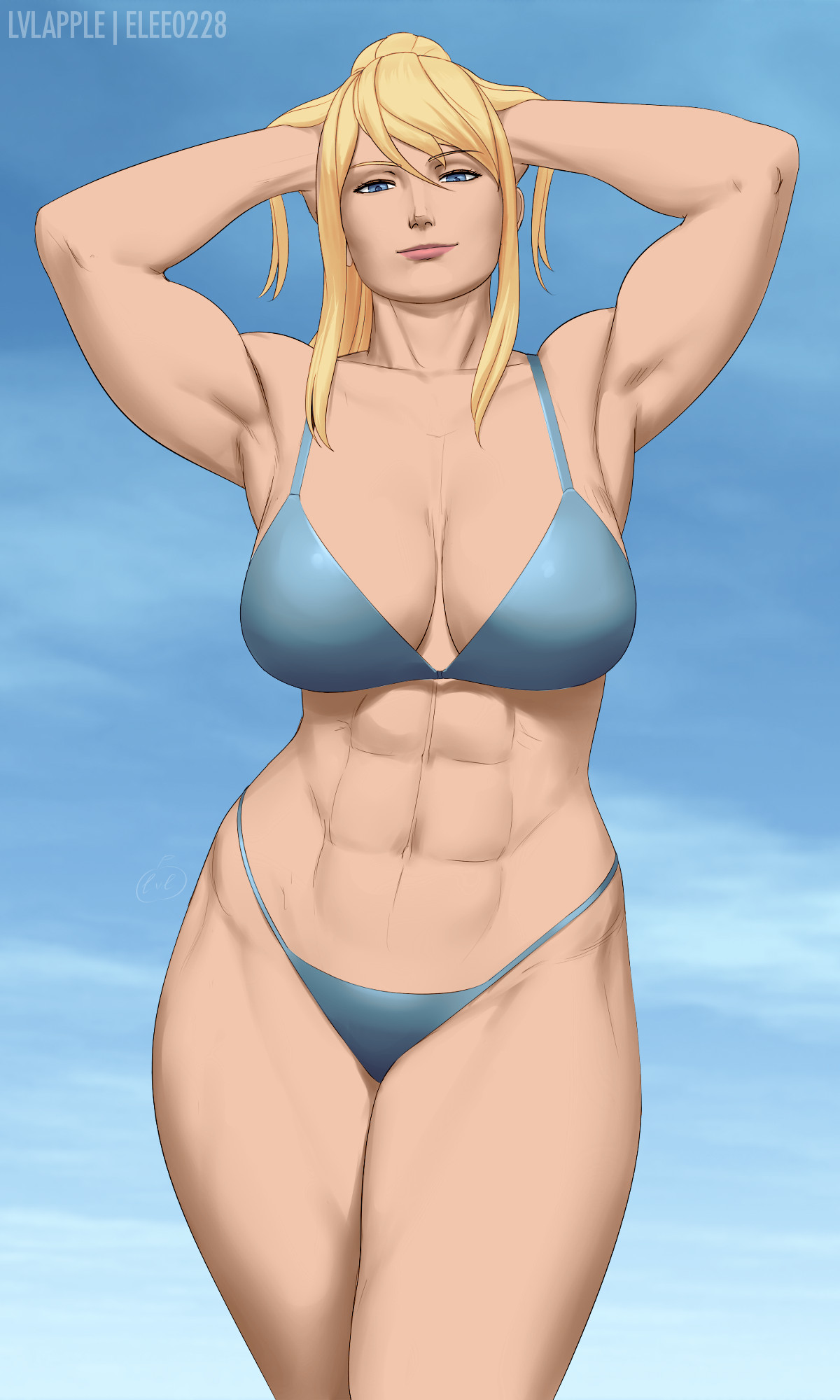 abs, big breasts, bikini, breasts, elee0228, female, hands behind head, looking at viewer, lvl, metroid, muscles, muscular, muscular female, nintendo, samus aran, solo