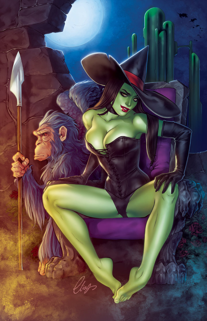 barefoot black_hair breasts cleavage collar elbow_gloves elias_chatzoudis feet female green_skin large_breasts lipstick looking_at_viewer monkey parted_lips real_witch sitting smile spear the_wizard_of_oz toes weapon wicked_witch_of_the_west wings witch witch_hat yellow_eyes