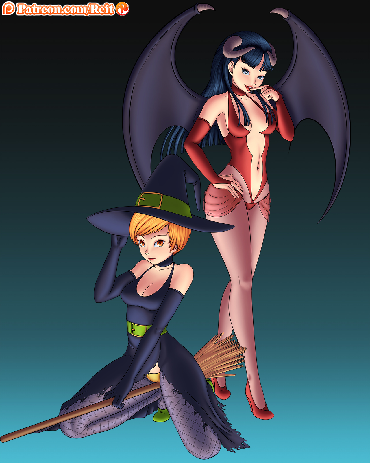 2girls, amagi yukiko, atlus, big breasts, breasts, cleavage, cosplay, demon, female, halloween, persona, persona 4, reit, satonaka chie, succubus, witch