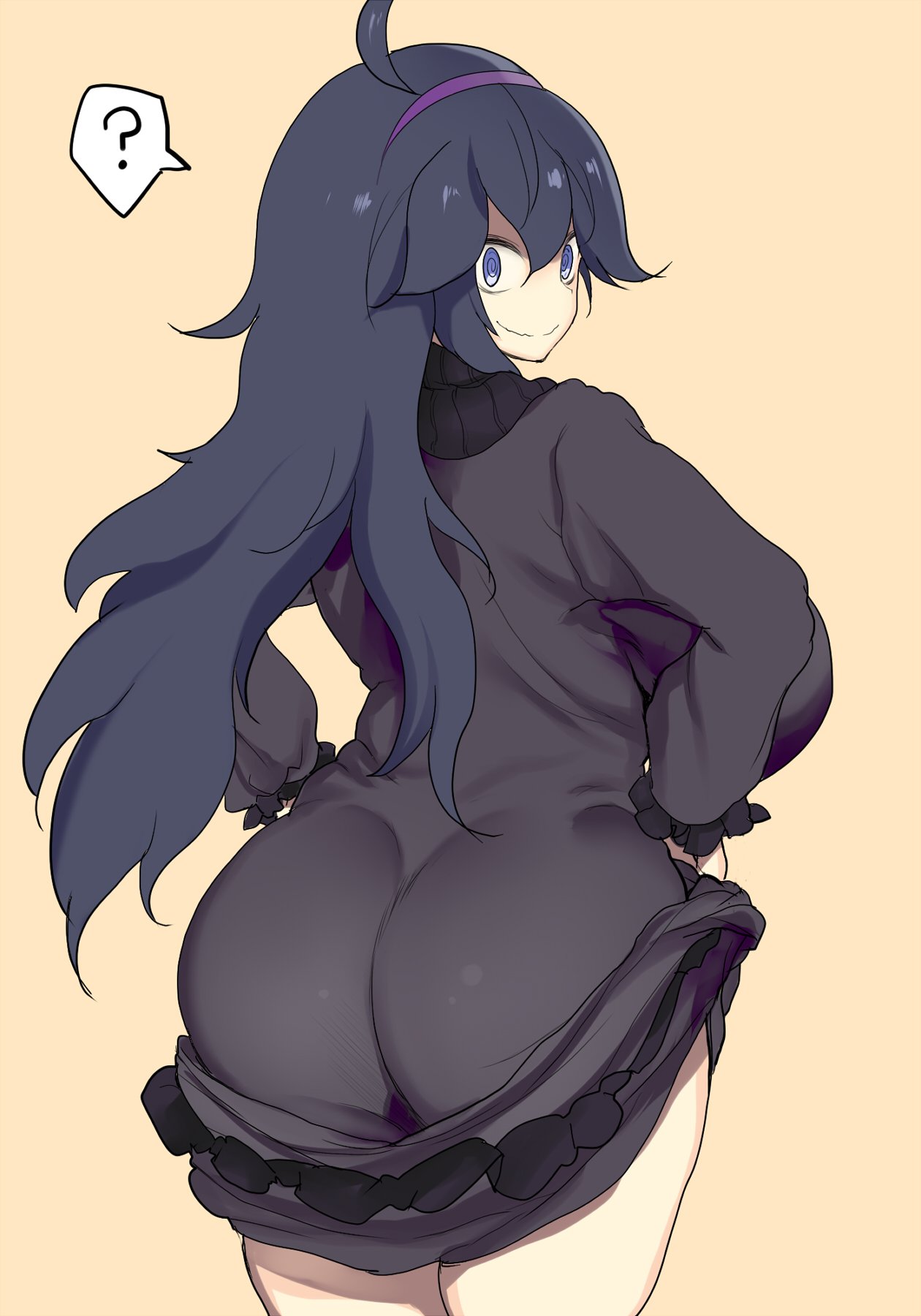 1girls ? ahoge alternate_breast_size ass ass_in_dress back big_breasts booty breasts dat_ass dress dress_lift female female_only hairband hex_maniac huge_ass huge_breasts human kedamono_kangoku-tou large_breasts long_hair looking_at_viewer looking_back pokemon pokemon_xy purple_eyes purple_hair smile solo standing sweater thighs yellow_background