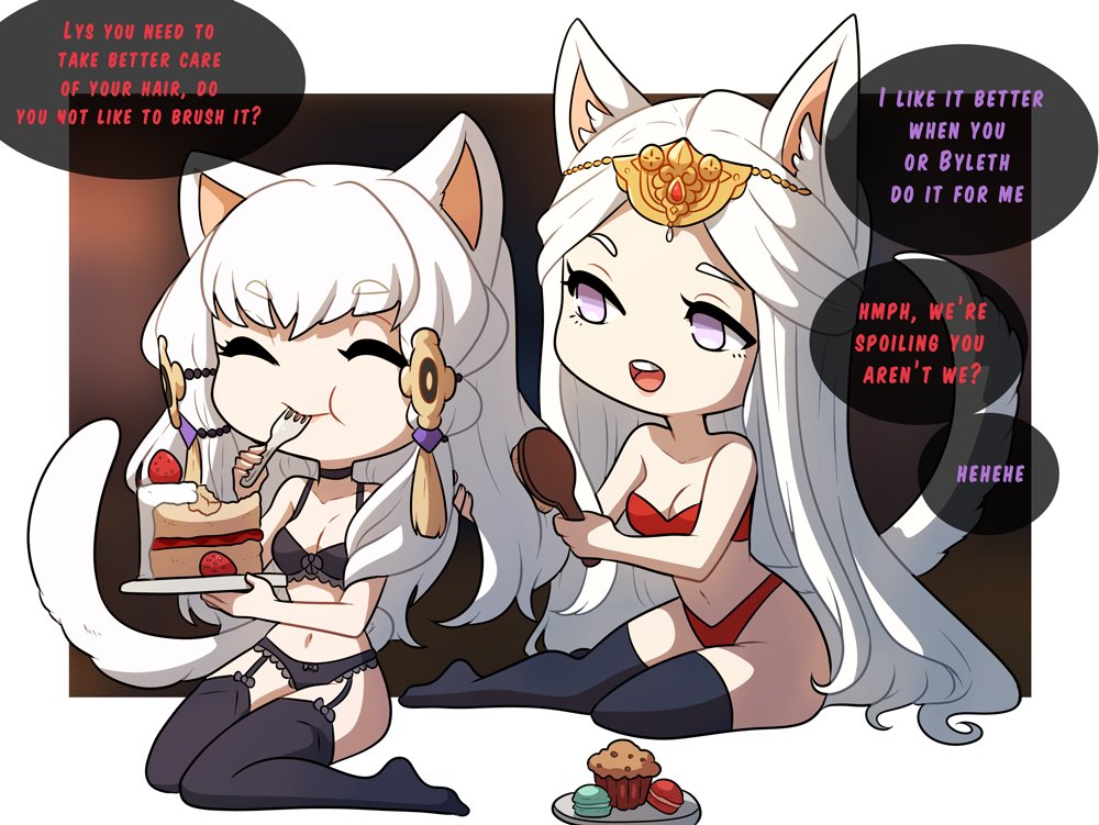 2girls brushing_hair cake caring cat_ears cat_tail catgirl dialogue eating edelgard_von_hresvelg english_text female female_only fire_emblem fire_emblem:_three_houses food kinkymation lingerie long_hair lysithea_von_ordelia macaron nintendo pampering post-timeskip smile speech_bubble spoiled strawberry_shortcake_(food) sweet tail text thighhighs white_hair wholesome