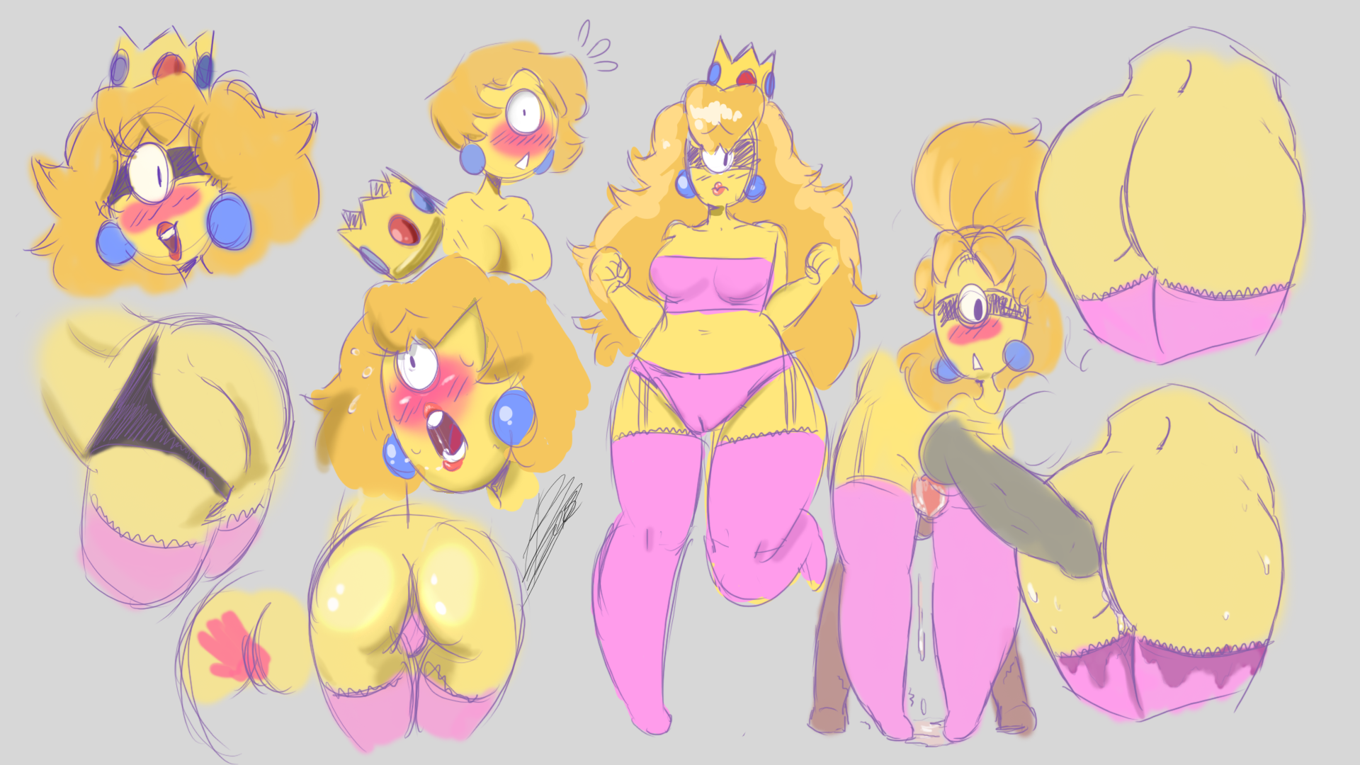 1boy, 1girls, ass, blush, breasts, cosplay, crossover, cum, cum in pussy, cum inside, despicable me, female, female focus, long hair, male, mario (series), minion, minions (film), multiple views, nintendo, penis, princess, princess peach (cosplay), pussy, rough sketch, rule 63, shocked, simple background, sketch, thick thighs, thighhighs, thighs