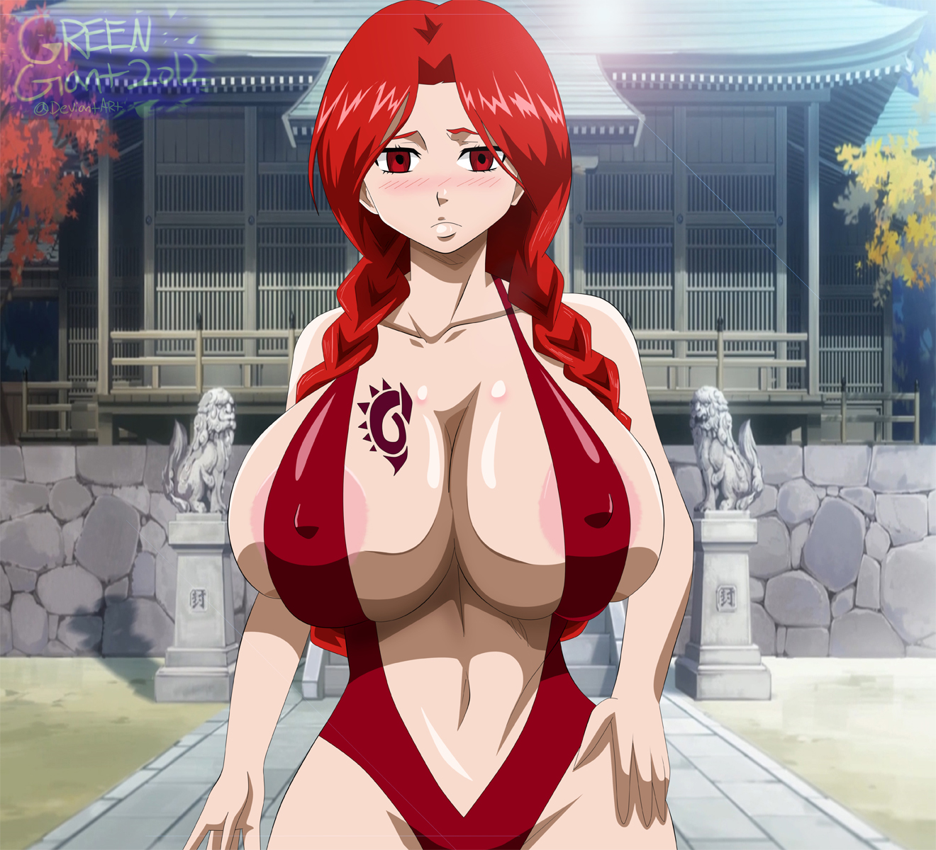 1girls, areola, areola slip, areolae, bare shoulders, bimbo, blush, braid, breast tattoo, breasts, busty, cleavage, empty eyes, erect nipples, eyebrows, eyelashes, eyes, fairy tail, female, female only, fingers, flare corona, greengiant2012, hand on hip, hands, hips, hourglass figure, huge breasts, hyper, large breasts, long hair, looking at viewer, nipple bulge, nipples, red eyes, red hair, red tattoo, red-haired female, shiny, shiny skin, stomach, tattoo, tied hair, twin braids, upper body, voluptuous