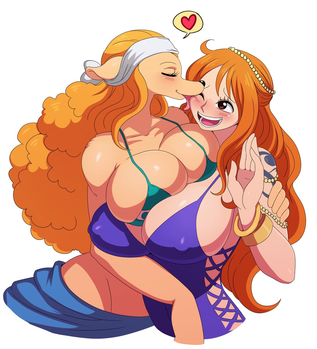 2girls, anthro, areolae, arm tattoo, bare shoulders, big breasts, bikini, bimbo, blue tattoo, blush, bracelet, breasts, brown eyes, brown fur, busty, canine, cleavage, closed eyes, costume, cute, dress, duo, erect nipples, eyebrows, eyelashes, female, female only, fingernails, fingers, fur, furry, gigantic breasts, hands, happy, headband, heart, highres, hips, hug, huge breasts, human, interspecies, jewelry, large breasts, licking, long hair, lots of jewelry, mammal, miniskirt, mink tribe, nami (one piece), nami (one piece) (cosplay), nami (one piece) (zou), nipple bulge, nipples, nose, one eye closed, one piece, one piece: zou arc, open mouth, orange hair, orange-haired female, post-timeskip, purple dress, shounen jump, skirt, smile, sssonic2, stomach, swimsuit, tattoo, teeth, tongue, tongue out, very long hair, voluptuous, wanda (one piece), white background, wholesome, wink, yuri