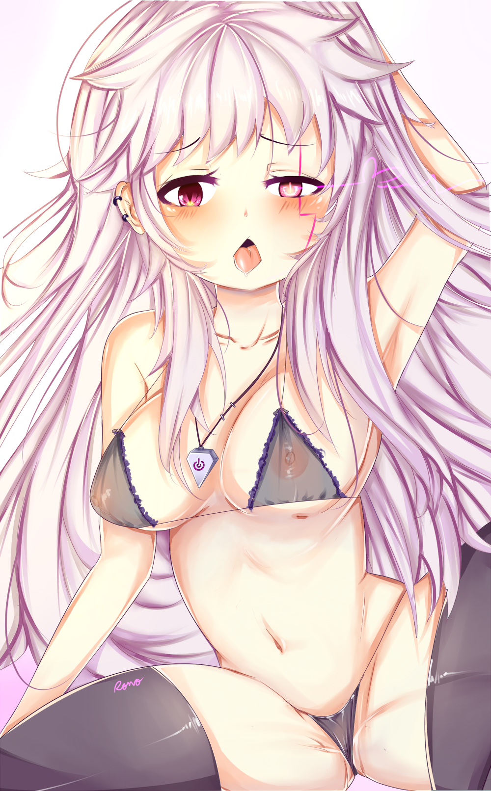 add_(elsword) blush breasts choker earrings elsword furrowed_eyebrows highres jewelry lunatic_psyker_(elsword) nipples purple_eyes purple_hair rono see-through signature tagme tattoo thighhighs