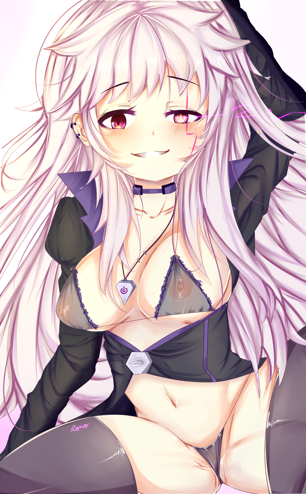 add_(elsword) blush breasts choker elsword highres lunatic_psyker_(elsword) nipples purple_eyes purple_hair rono see-through signature tagme tattoo thighhighs