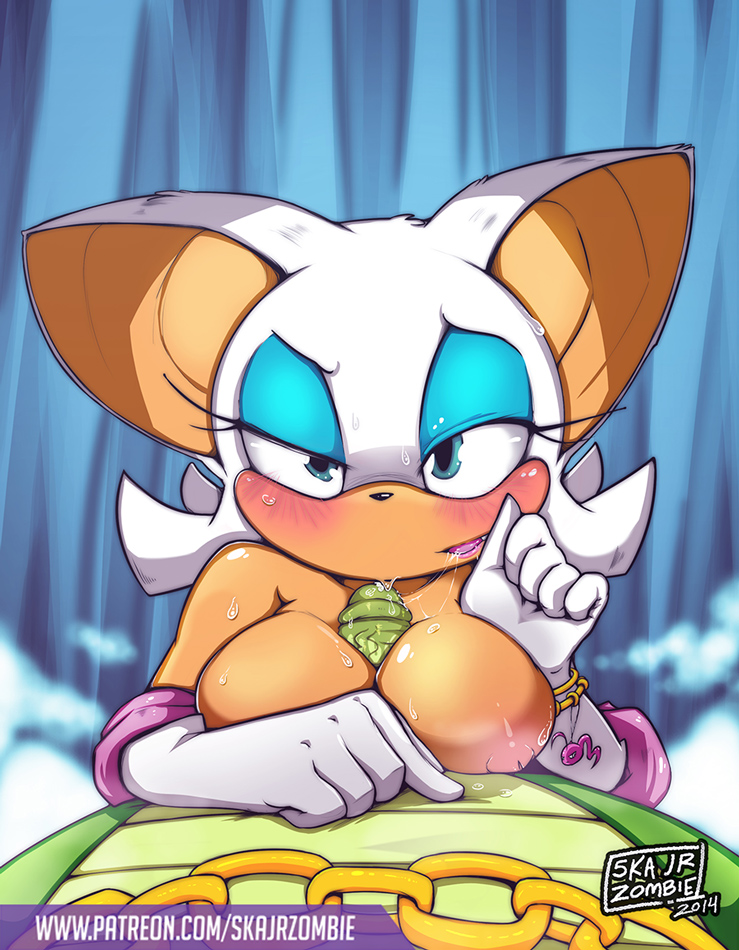 1boy 2014 animal_ears blush breasts eyelashes female furry gloves lying on_back paizuri penis pov precum rouge_the_bat sega shiny shiny_skin skajrzombie sonic_(series) straight sweat vector_the_crocodile white_gloves