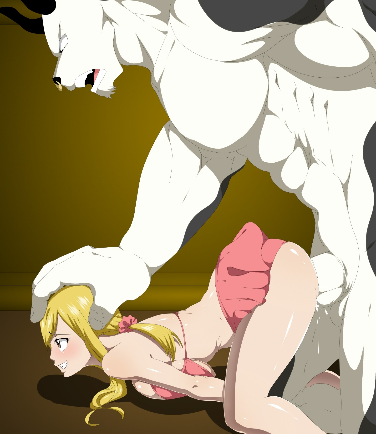 anthro, anthro on human, ass, bikini, blonde hair, blonde-haired female, blush, breast press, breasts, clothed female nude male, clothing, cow print, cum, cum inside, ed-jim, fairy tail, female, hand on head, human, large breasts, large insertion, large penis, lucy heartfilia, male, penis, straight, taurus (fairy tail)