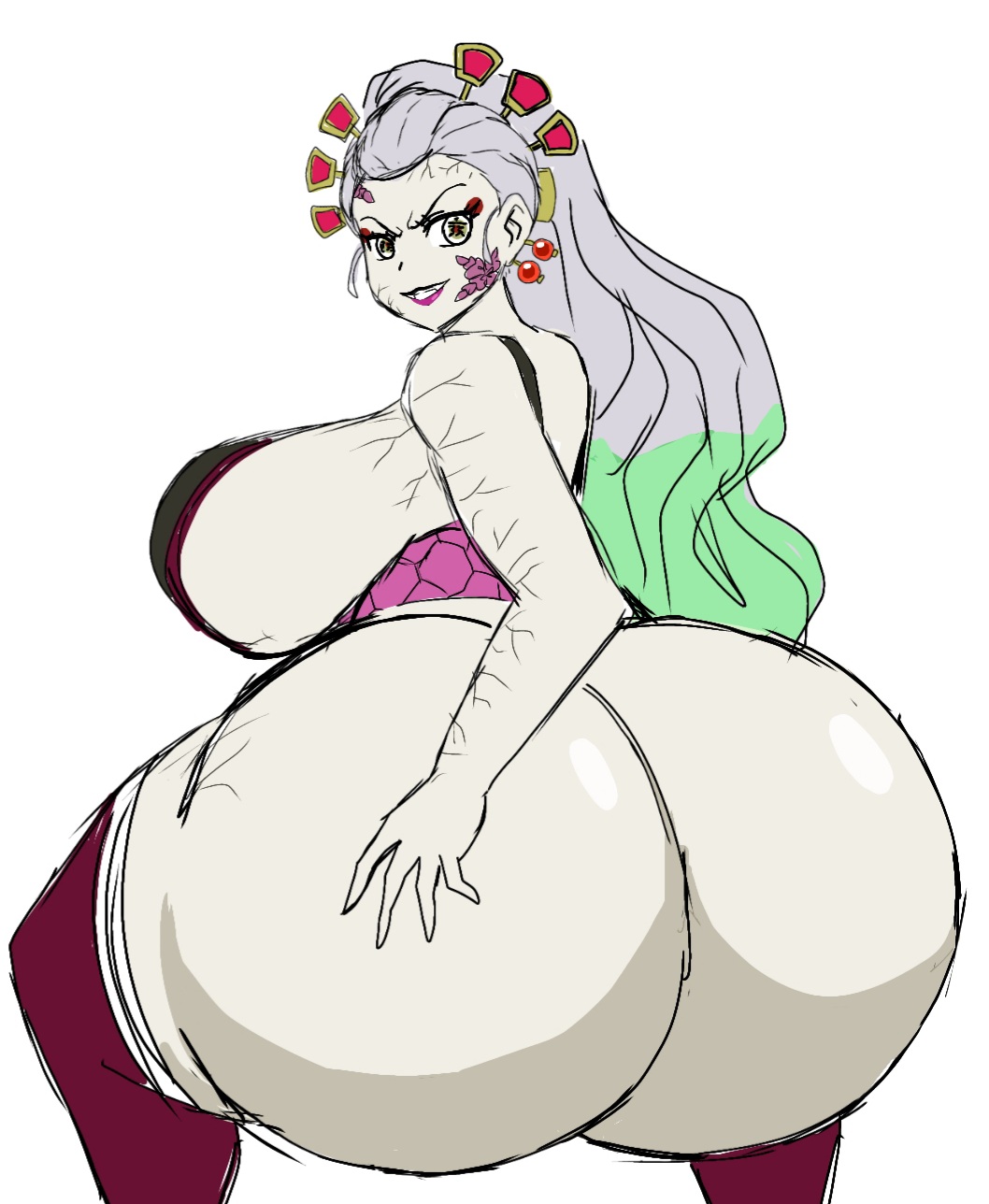1girls, ass, back view, big ass, big breasts, big butt, breasts, daki (kimetsu no yaiba), demon slayer, fat ass, fat butt, female, hand on ass, huge ass, huge butt, kimetsu no yaiba, momiji (artist), multicolored hair, thick ass, white hair