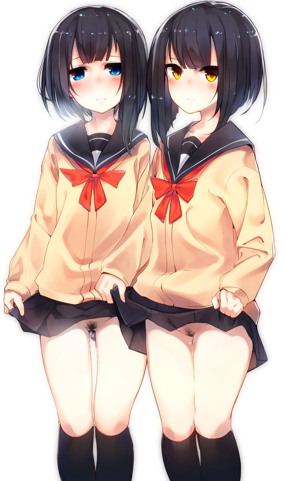 2girls ass_visible_through_thighs bangs black_hair black_legwear black_skirt blue_eyes blunt_bangs blush cardigan highres kneehighs lifted_by_self long_sleeves looking_at_viewer multiple_girls neckerchief no_panties original otokuyou pleated_skirt pubic_hair pussy pussy_juice school_uniform serafuku short_hair short_hair_with_long_locks simple_background skirt skirt_lift thigh_gap white_background yellow_eyes