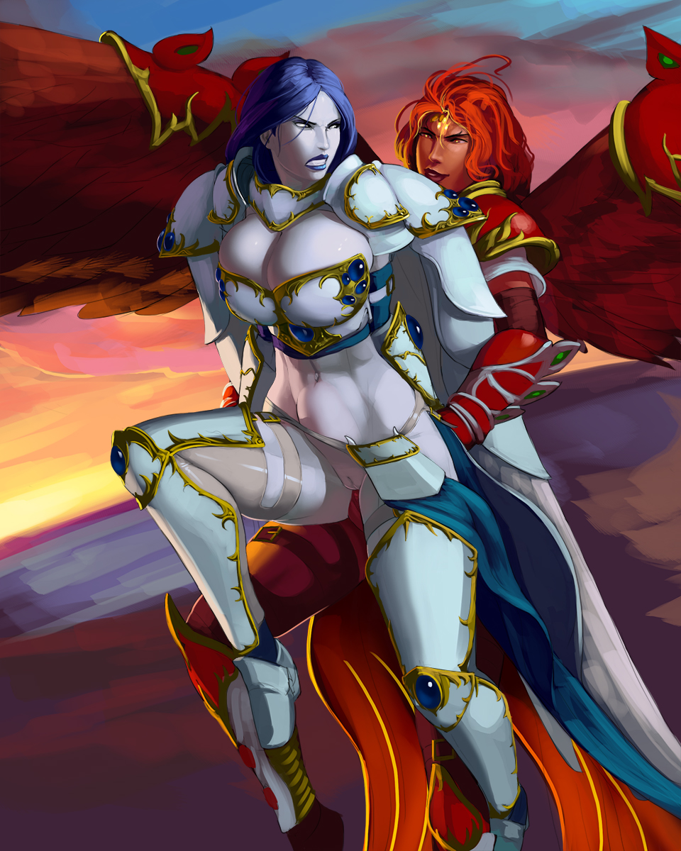 2girls aka6 akroma armor blue_hair blue_skin breasts futa_on_female futanari intersex magic_the_gathering red_hair stomach_bulge tagme wings