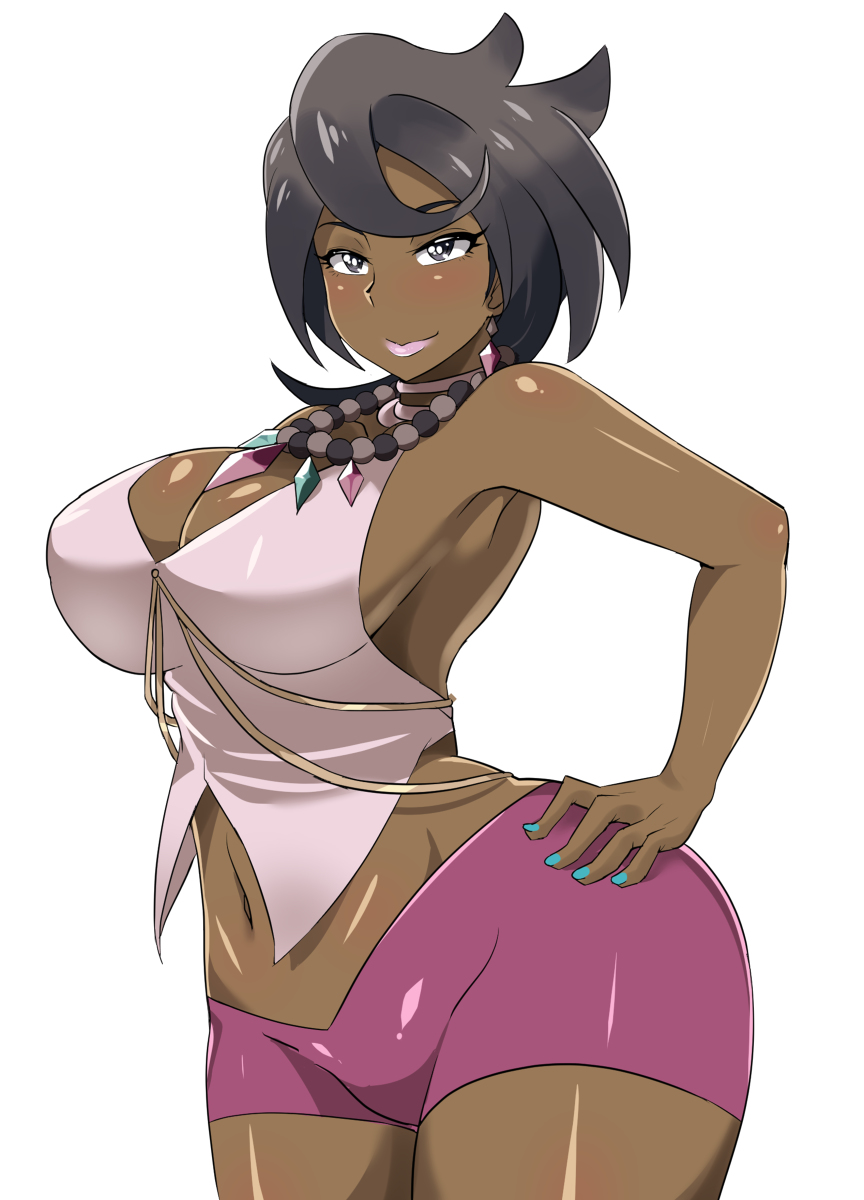 1girls alternate_breast_size armpits bare_shoulders big_breasts blush breasts brown_hair cleavage clothed dark-skinned_female dark_skin earrings elite_four eyelashes female female_only grey_eyes hand_on_hips huge_ass huge_breasts human human_only jewelry large_breasts lipstick looking_at_viewer makeup midriff navel necklace nightmare-doom nintendo olivia_(pokemon) pokemon pokemon_sm shirt short_hair shorts sideboob smile solo standing thick_thighs voluptuous white_background wide_hips