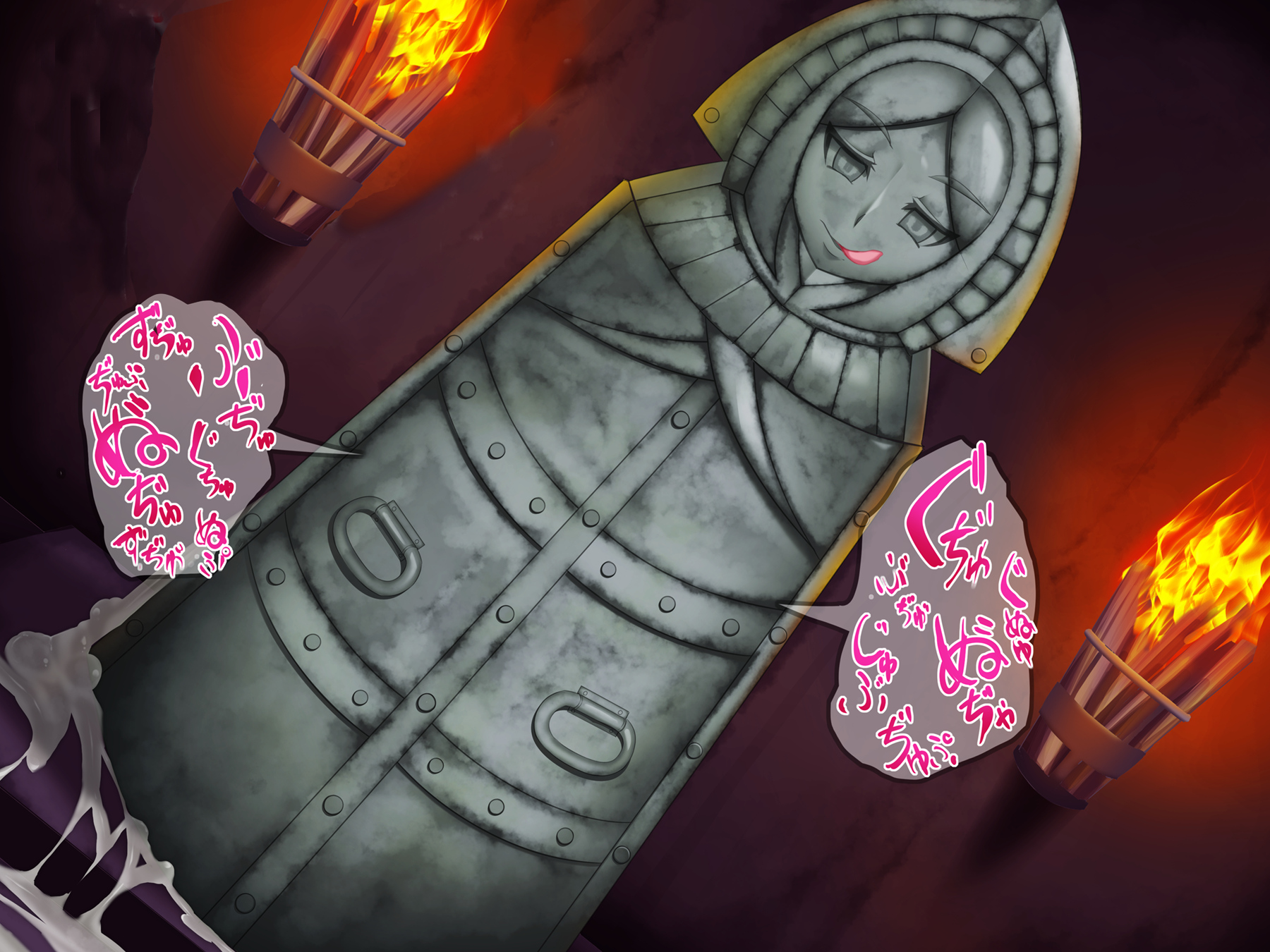 :p, artist request, copyright request, cum, cum everywhere, cum inside, dutch angle, female, game cg, in container, inside creature, iron maiden, iron maiden (mon-musu quest!), monster girl quest, photoshop, reverse rape, speech bubble, torch