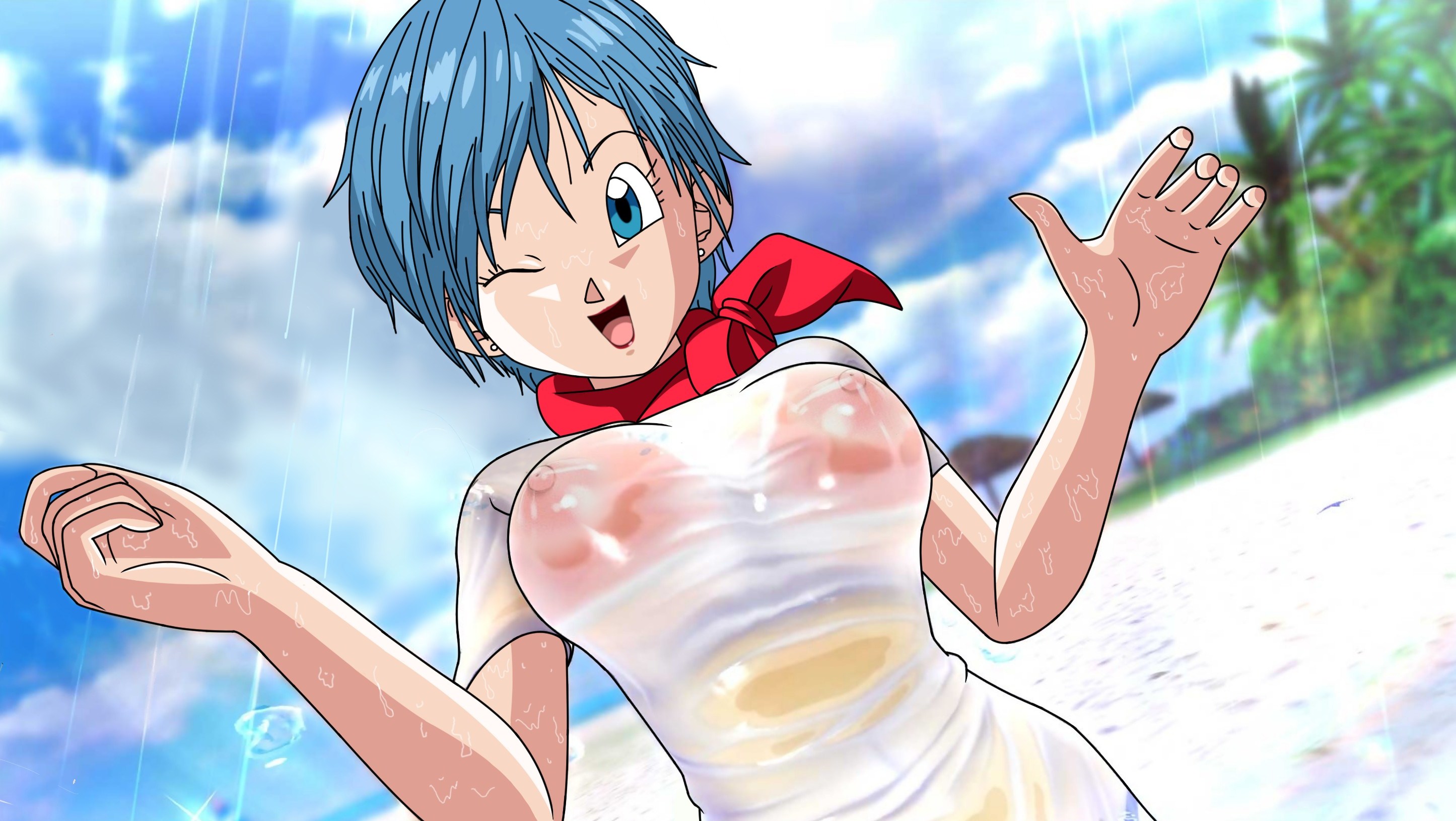 1girls, accurate art style, big breasts, blue eyes, blue hair, breasts, bulma briefs, dragon ball, dragon ball super, female, lipstick, scarf, solo, tagme, wet t-shirt, wink, zooor