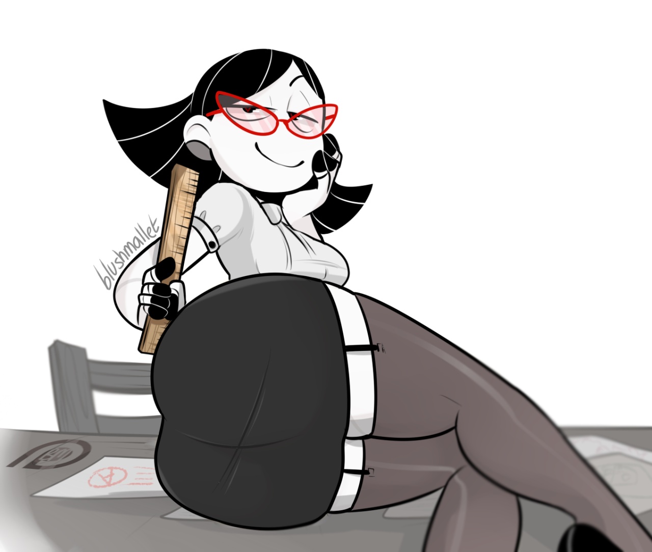 1girls, android, ass, blushmallet, desk, female, garter straps, glasses, gynoid, heart-shaped pupils, mallet (blushmallet), office lady, original, original character, ruler, simple background, skirt, solo
