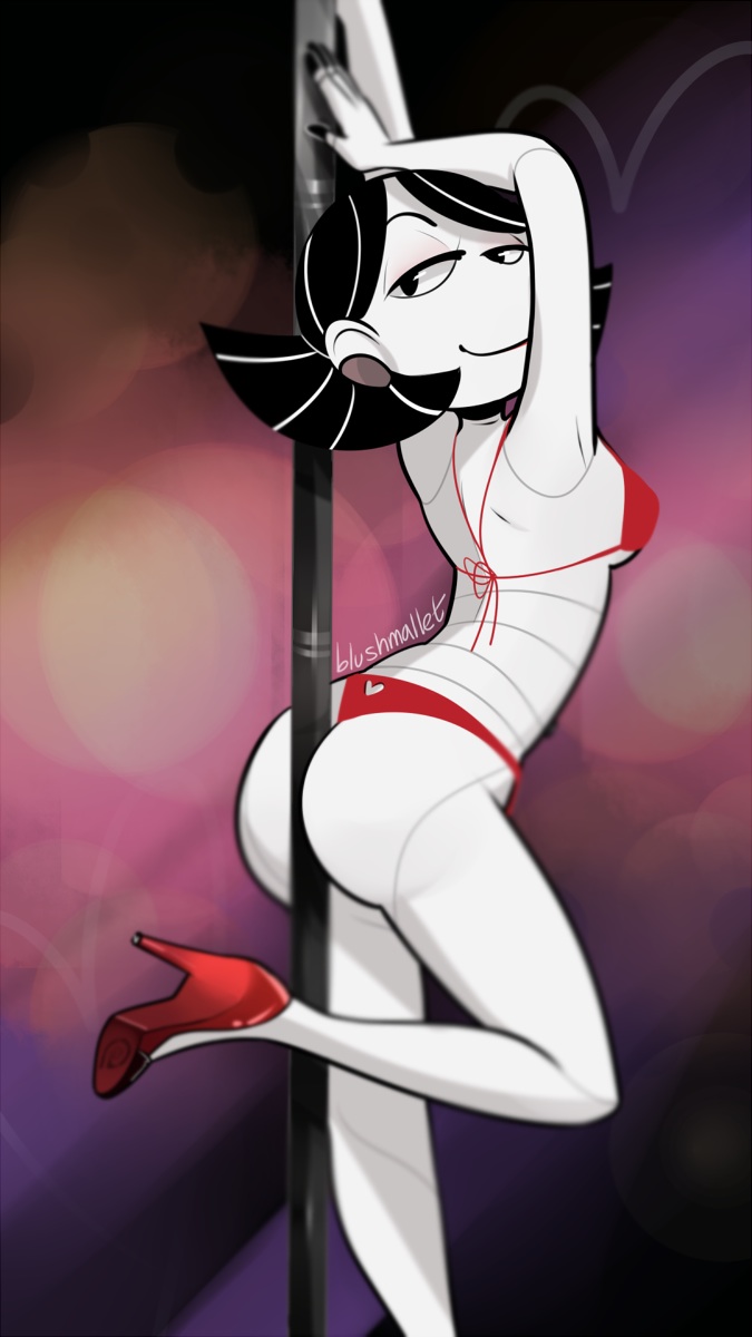 1girls, android, blushmallet, female, gynoid, heels, high heels, mallet (blushmallet), original, original character, solo, stripper, stripper pole