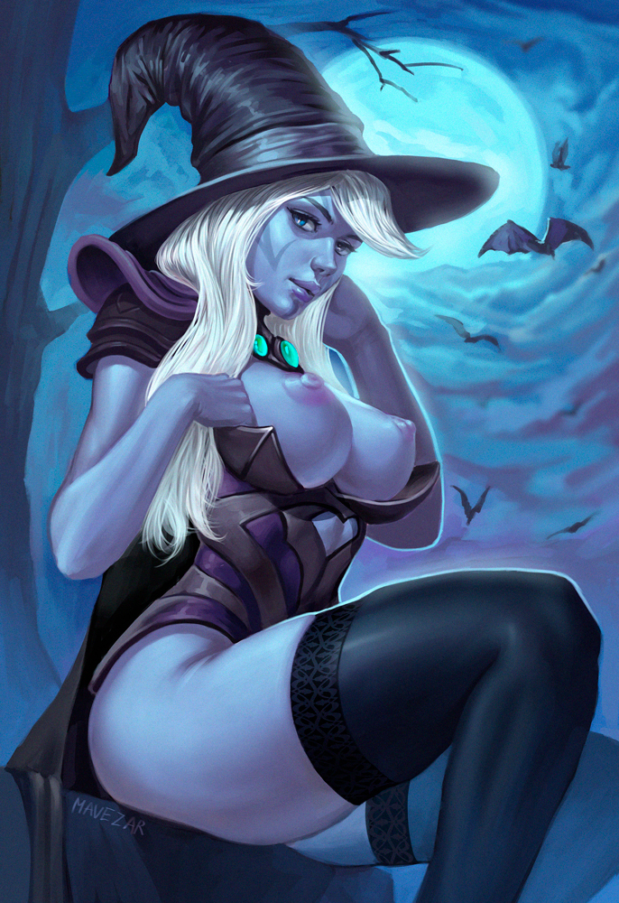 1girls, areolae, blue eyes, breasts, dota, dota 2, drow ranger, erect nipples, female, female only, large breasts, looking at viewer, mavezar, nipples, solo, thighhighs, white hair, witch hat