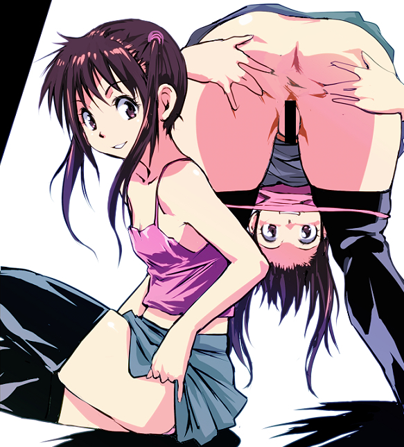 anus ass bar_censor bent_over black_hair black_legwear censored female grin kamisimo_90 looking_at_viewer original panties panty_pull pink_panties purple_eyes purple_hair short_hair_with_long_locks sitting skirt sleeveless smile solo spread_ass thighhighs underwear