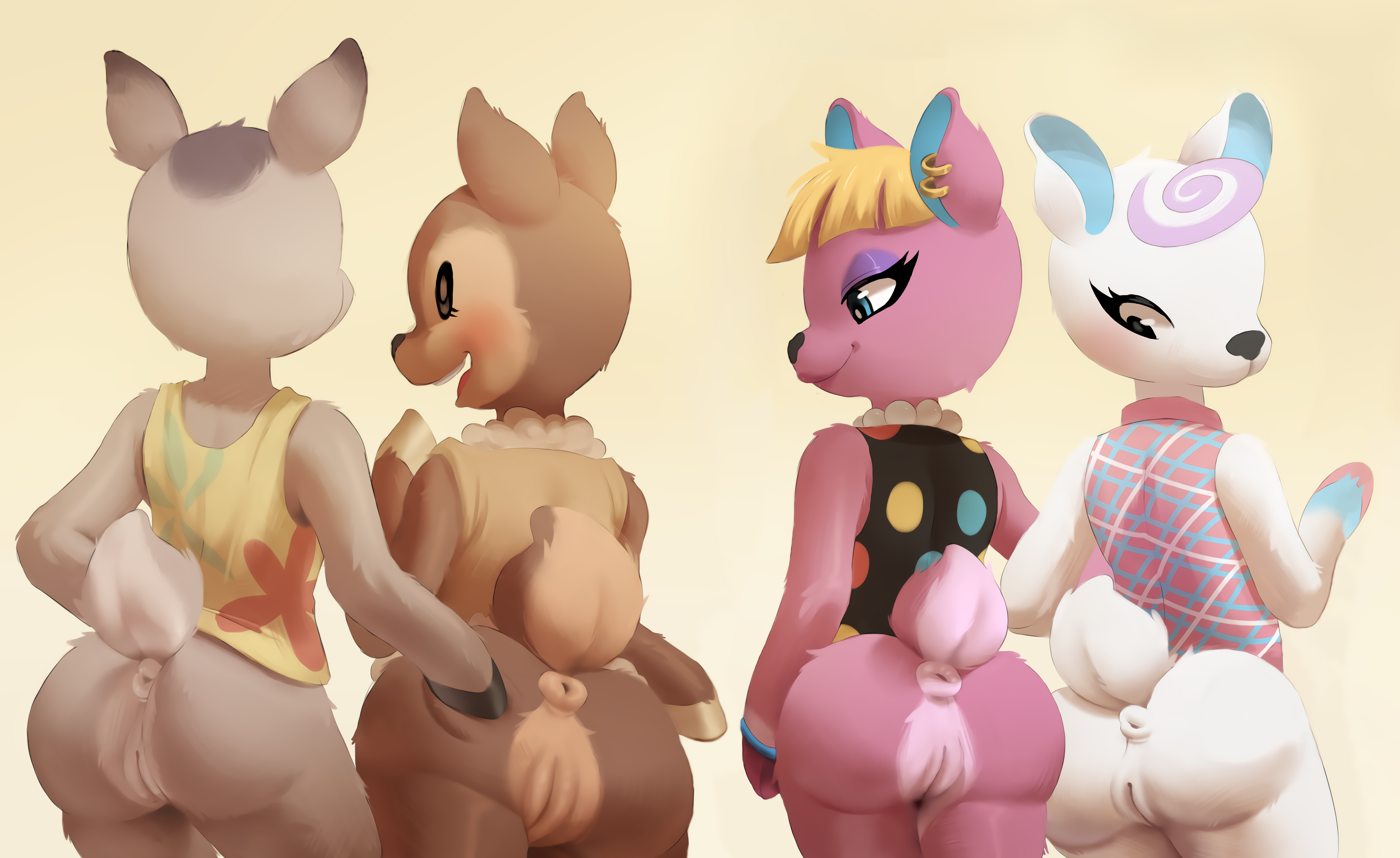 2016, 4girls, absurd res, animal crossing, anthro, anus, ass, black nose, blonde hair, blush, bottomless, brown fur, cervine, clothed, clothing, deer, deirdre (animal crossing), diana (animal crossing), edit, fauna (animal crossing), female, fuchsia (animal crossing), fur, furry, furry only, group, hair, hand on ass, hi res, looking back, mammal, manene, multicolored fur, multiple girls, nintendo, open mouth, partially clothed, pink fur, presenting, presenting anus, presenting hindquarters, puffy anus, pussy, raised tail, rear view, shirt, short tail, simple background, standing, tail, take your pick, topwear, two-tone fur, video games, white background, white fur, yellow background, yuri