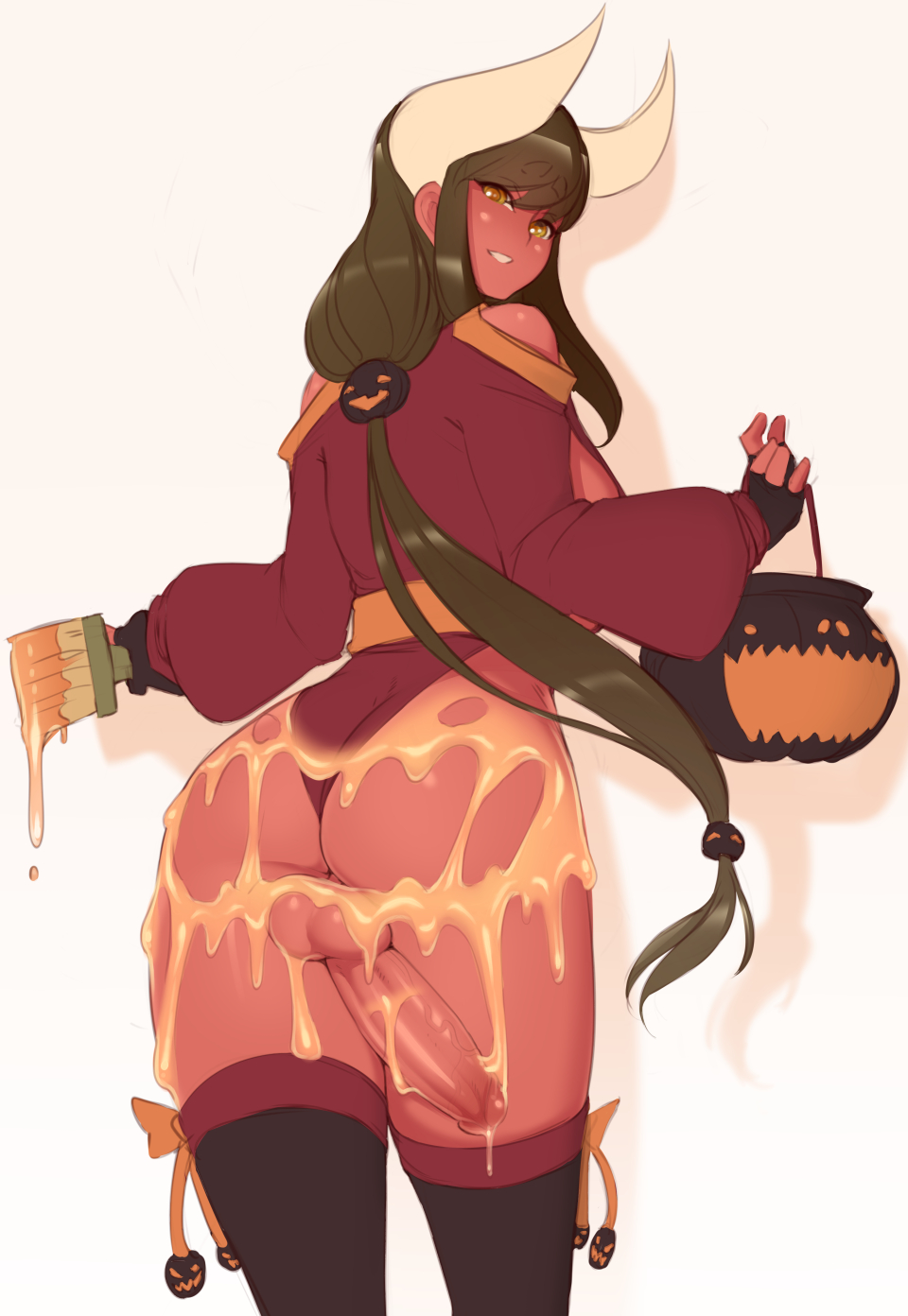 1futa, ass, balls, black hair, cock-tail, erebus (necrosmos), erection, futa only, futanari, halloween, horns, intersex, jack-o'-lantern, long hair, looking at viewer, looking back, necrosmos, original, penis, pumpkin, solo, testicles