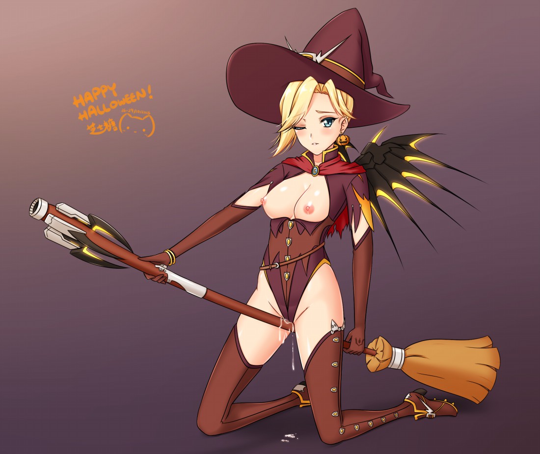 1girls alternate_costume areolae blonde_hair blush breasts broom broom_riding broomstick female female_only grinding halloween masturbation mercy nipples overwatch ppshex pussy_juice rubbing solo thighhighs witch witch_hat witch_mercy