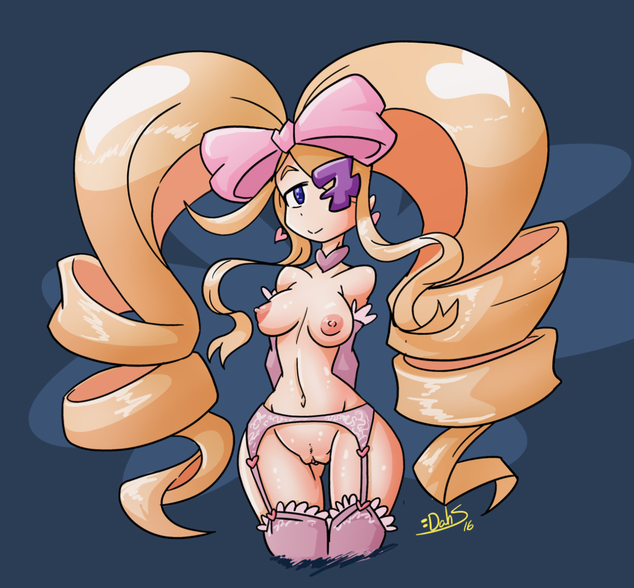 1girls, 2016, big hair, blonde hair, blonde-haired female, blue eyes, breasts, cropped legs, dahs, elbow gloves, eye patch, female, frills, garter belt, garter straps, gloves, harime nui, kill la kill, linea alba, long hair, nipples, pussy, sidelocks, smile, solo, thighhighs, tied hair, twin drills, twintails, very long hair, wide hips