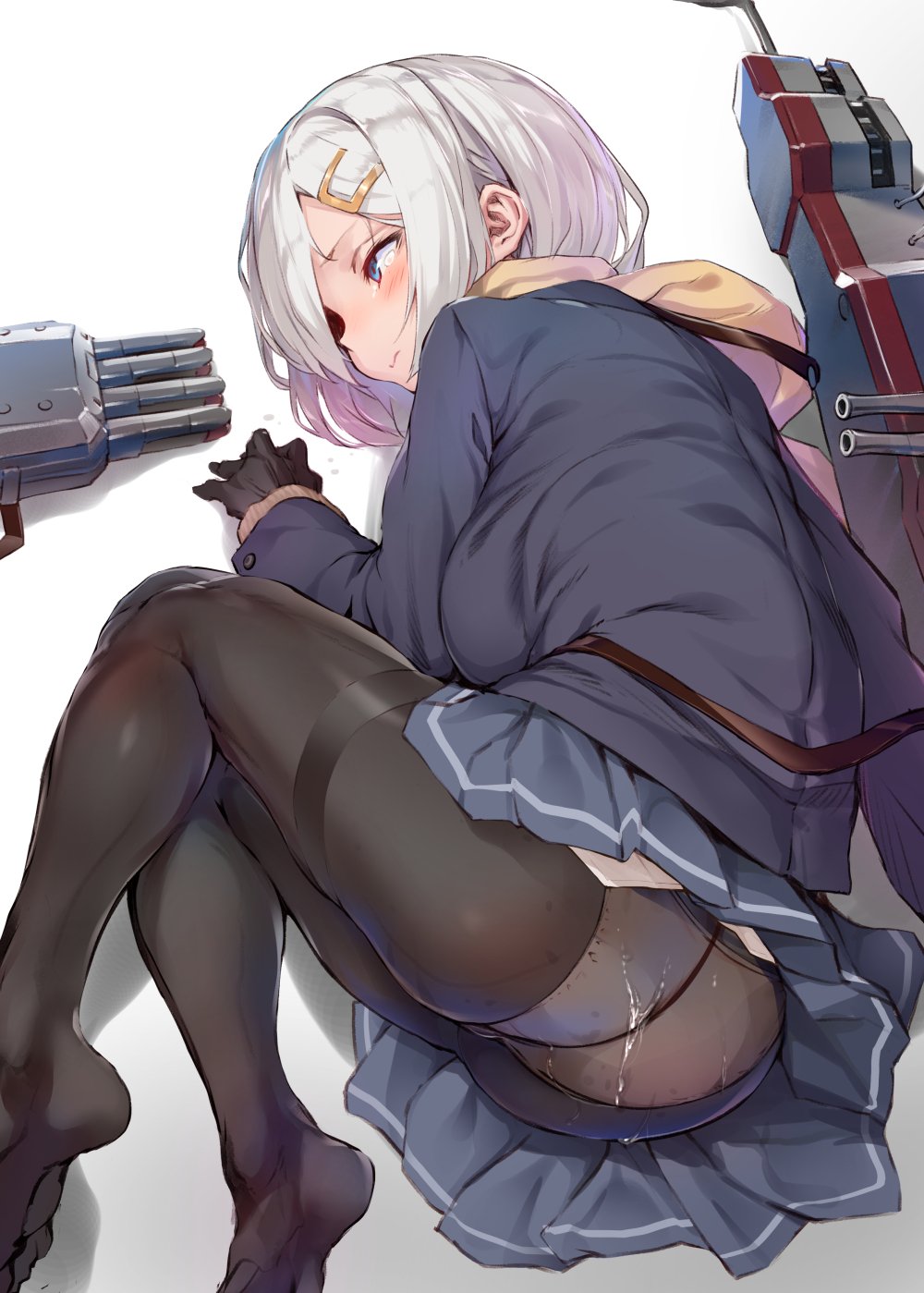 alternate_costume ass black_gloves black_legwear blue_eyes blue_skirt breasts clothing crotch_seam female fluid from_above gloves hair_ornament hair_over_one_eye hairclip hamakaze_(kantai_collection) highres jacket kantai_collection large_breasts long_sleeves lying machinery panties panties_under_pantyhose pantyhose sabaku_no_tanuki scarf shadow silver_hair simple_background skirt solo thighband_pantyhose torpedo turret underwear white_background